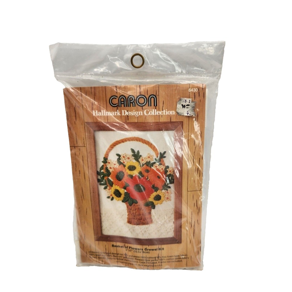 Vintage Caron Hallmark Design Basket of Flowers Crewel Embroidery Kit New